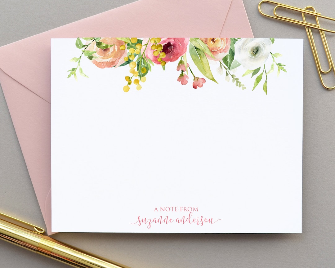 Personalized Floral Stationary Set Personalized, Note Cards Set, Pink