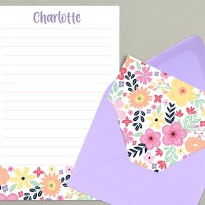 Kids Letter Writing Set, Personalized Stationary Paper for Girls, Floral Stationary, Summer Camp Stationery, Pen Pal Writing Paper Set