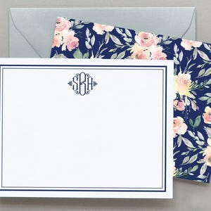 Personalisiertes Blumen-stationäres Set Personalisiert, Monogramm-Blumenhinweiskarten Personalisiertes Grußkartenset, Marine-Dankeschön-Notizenblumen