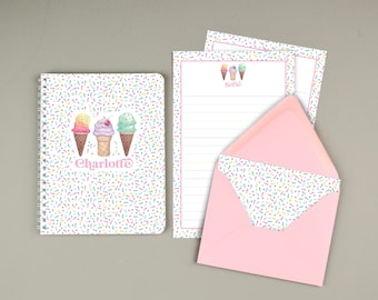 Personalized Stationary Set, Kids Letter Writing Set, Writing Paper for Girls, Ice Cream Stationery, Pen Pal Kit, Camp Stationery