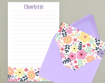 Personalized Kids Letter Writing Set, Stationary Paper for Girls, Floral Pen Pal Set