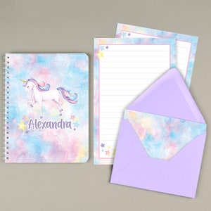 Set di cancelleria personalizzato per unicorno, set per scrivere lettere per bambini, carta da lettere per ragazze, taccuino per unicorno, set per scrivere amiche di penna, cancelleria da campo