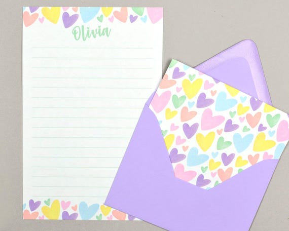 Kids Letter Writing Set, Summer Camp Stationery, Personalized Stationary Paper for Girls, Heart Stationary, Pen Pal Writing Paper Set