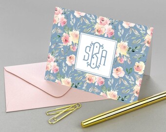 Personalized Floral Stationary Set Personalized, Monogram Floral Note Cards Personalized Note Cards Set, Dusty Blue Thank You Notes Flowers