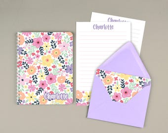 Kids Letter Writing Set, Personalized Stationary Paper for Girls, Floral Notebook, Summer Camp Stationery, Pen Pal Writing Paper Set