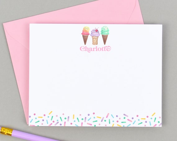 Girls Personalized Ice Cream Cone Stationary Set for Girl, Kids