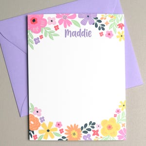 Girls Flower Stationery Set, Personalized Kids Notecards, Floral Stationery for Girls, Thank You Notes for Kids, Custom Floral Note Cards