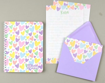 Personalized Stationary Set, Kids Letter Writing Set, Writing Paper for Girls, Heart Notebook, Pen Pal Writing Paper Set, Camp Stationery
