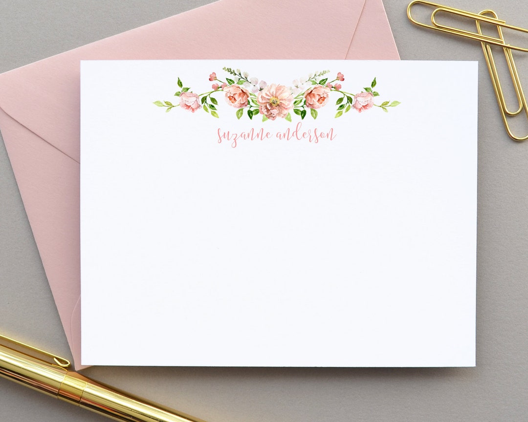 Personalized Floral Stationary Set Personalized, Note Cards Set, Pink