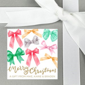 Adesivos de presente de laço personalizados, cartão de presente para feriados, adesivo de presente de feliz Natal, cartões de presente de fita, etiquetas de presente de laço