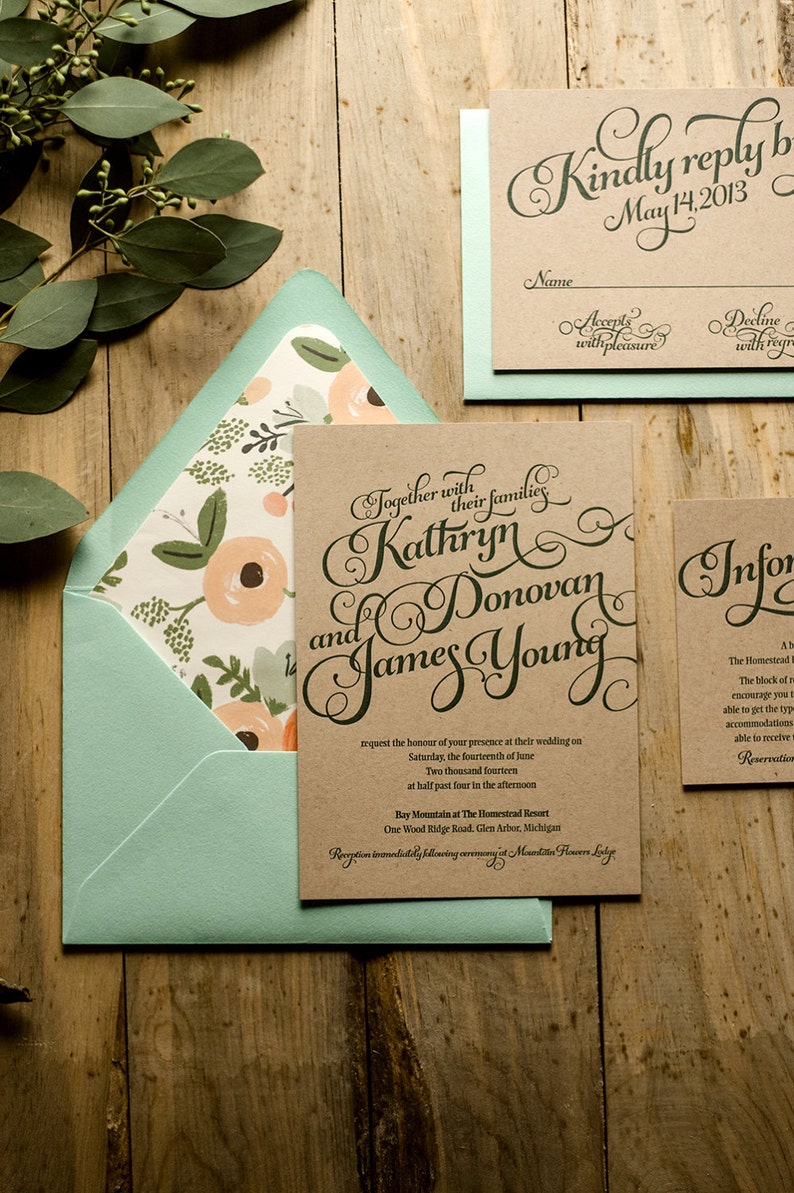Rustic Wedding Invitation Mint &amp; Kraft Letterpress Wedding