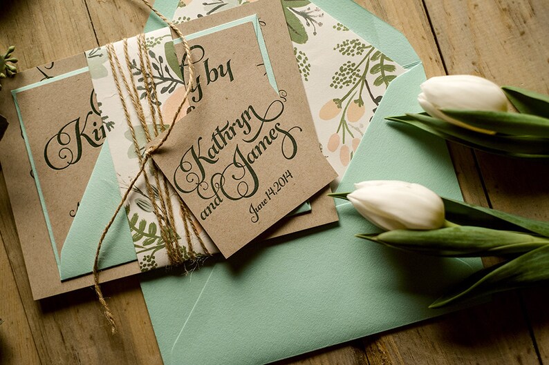 Rustic Wedding Invitation Mint &amp; Kraft Letterpress Wedding