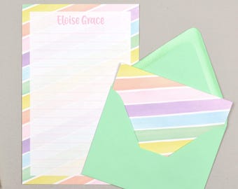 Kids Letter Writing Set, Personalized Stationary Paper for Girls, Rainbow Stripe Stationary, Personalized Kids Pen Pal Writing Paper Set