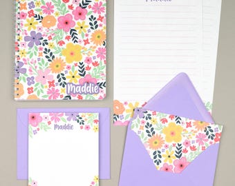 Floral Personalized Stationary Set, Kids Letter Writing Set for Girls, Flower Stationery, Pen Pal Writing Paper Set, Camp Stationery