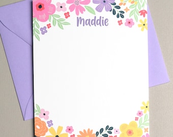 Girls Flower Stationery Set, Personalized Kids Notecards, Floral Stationery for Girls, Thank You Notes for Kids, Custom Floral Note Cards