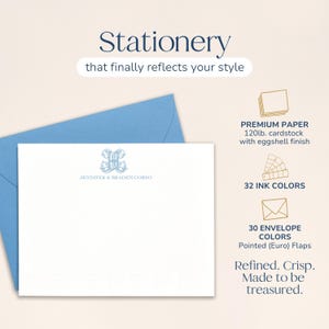 May include: Stationery set featuring a white card with a light blue monogram and matching envelope. The text "Stationery that finally reflects your style" is displayed at the top. The cardstock is 120lb with an eggshell finish.