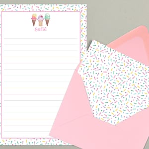 Kids Letter Writing Set, Summer Camp Stationery, Personalized Stationary Paper for Girls, Ice Cream Stationary, Pen Pal Writing Paper Set image 1