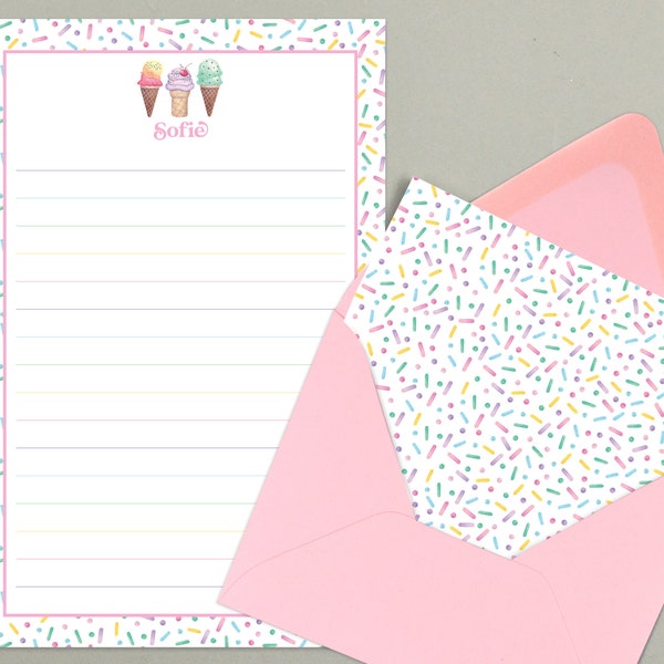 Kids Letter Writing Set, Summer Camp Stationery, Personalized Stationary Paper for Girls, Ice Cream Stationary, Pen Pal Writing Paper Set