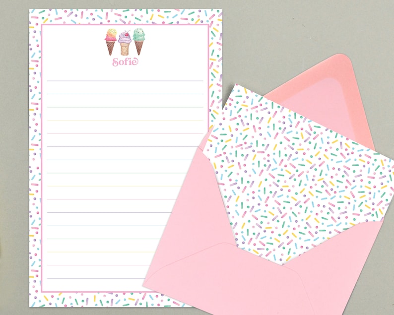 Kids Letter Writing Set, Summer Camp Stationery, Personalized Stationary Paper for Girls, Ice Cream Stationary, Pen Pal Writing Paper Set image 1