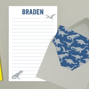 Juego de escritura de cartas para niños, papelería personalizada con diseño de dinosaurios para niños, papelería con diseño de dinosaurios, papelería para campamentos de verano, juego de escritura con amigos por correspondencia