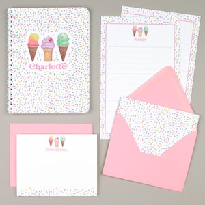Juego de papelería con forma de helado, juego de escritura de cartas personalizado para niños, cuaderno con chispitas de helado, juego de papel para escribir a amigos por correspondencia, papelería para campamento