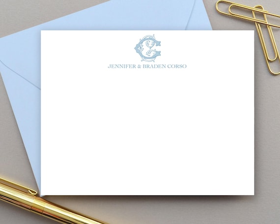 Personalized Notecard Set, Monogram Stationery for Couples, Monogrammed Note Cards, Custom Initial Notecards, Blue Thank You Notes