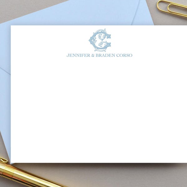 Personalized Notecard Set, Monogram Stationery for Couples, Monogrammed Note Cards, Custom Initial Notecards, Blue Thank You Notes