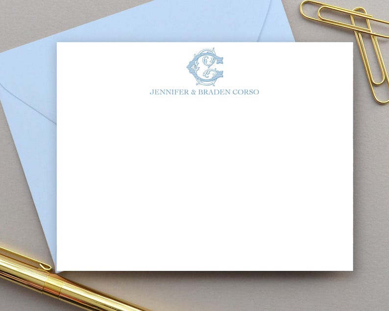 Personalized Notecard Set, Monogram Stationery for Couples, Monogrammed Note Cards, Custom Initial Notecards, Blue Thank You Notes image 1