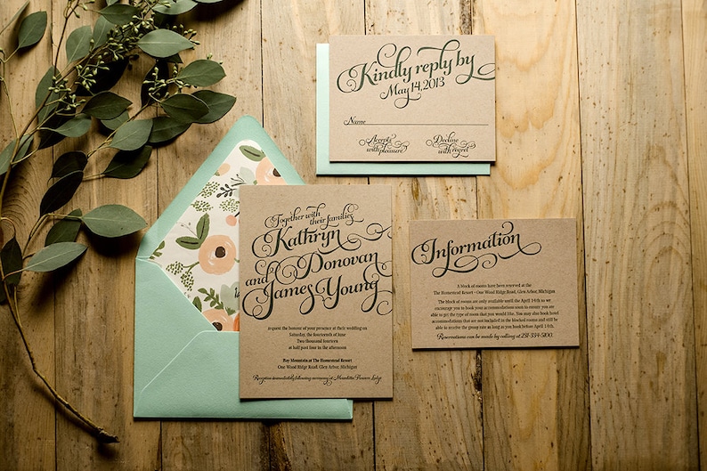 Rustic Wedding Invitation Mint &amp; Kraft Letterpress Wedding
