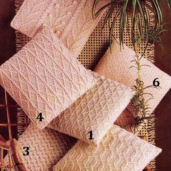 Aran Fishermans Knitted Cushion Covers 6 styles  14 x 14 inches - Vintage Knitting Pattern - PDF Instant Download