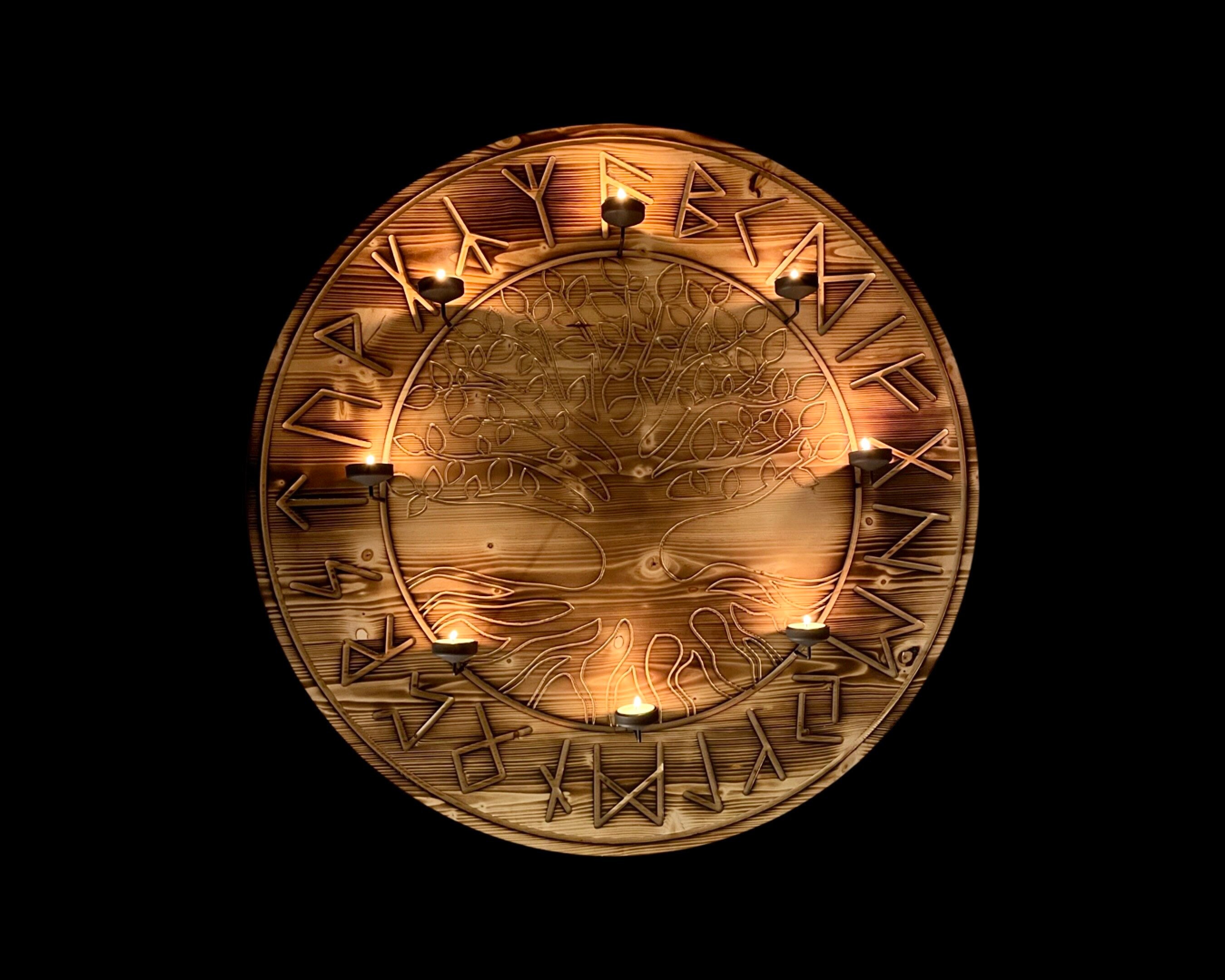 Rune Tree of Life-Irminsul Tree of Life-Yggdrasil Altar Disk -Viking Gifts Shrine Decoration Tealight Candle Magic Rune Trees