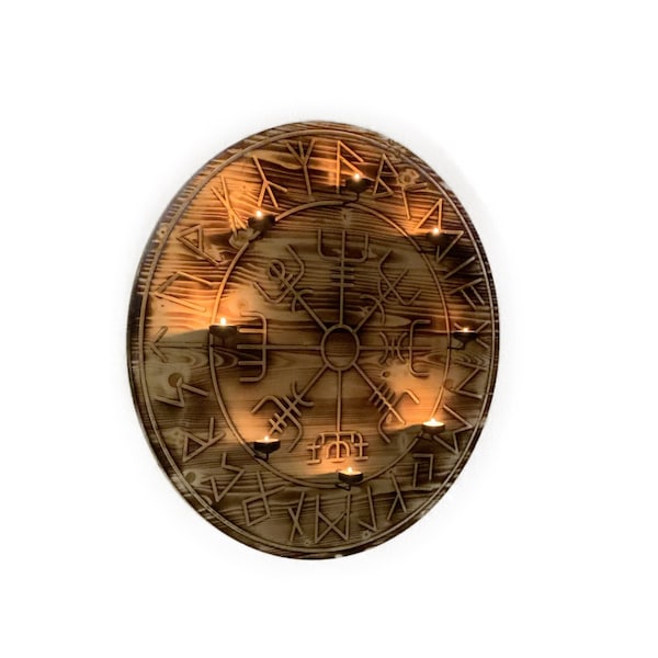 Vegvisir Altar Disc Wood Viking Pagan Gifts Shrine Decoration Tealight Candle Magic Magic