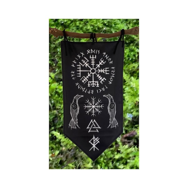 Banner Vegvisir Aegishjalmur Valknut Altar Wikinger Wolf Bindrune Thor Loki Tyr Freja Zauber Odin Wanddeko Götter Flagge Wimpel Wandbehang