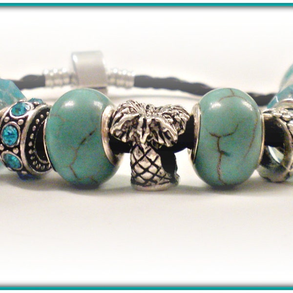 Turquoise and Palm Tree Charm Bracelet with an Easy Magnetic Closure