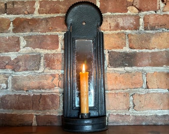 19th Century Tin Candle Sconce with Mirror, Antique Lighting