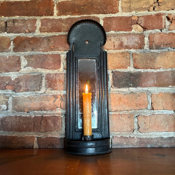 19th Century Tin Candle Sconce with Mirror, Antique Lighting