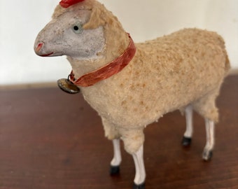 Wooly Putz Lamb, German, Late 19th Century, Large Size with Original Neck Ribbon and Head Bow, Wool Flannel Ears