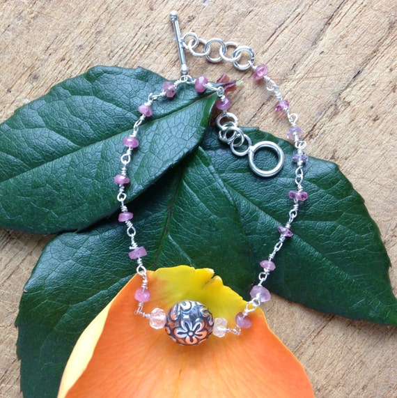 Items similar to Pink tourmaline and sterling silver bracelet 7.25