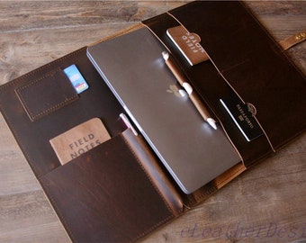 Peut inclure: Un porte-documents en cuir marron foncé doté de multiples poches intérieures, d'un emplacement central pour ordinateur portable, d'un porte-stylo, d'un petit carnet Field Notes, d'un passeport et d'une carte bancaire avec des coutures visibles.