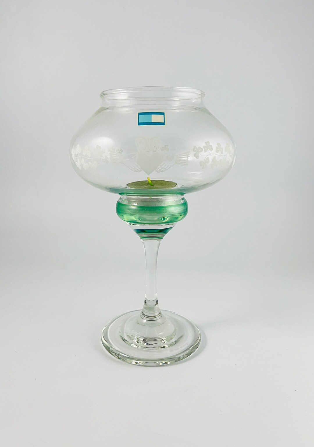 Vintage Eamon Glass Irish Hand Engraved Claddagh Candle Holder St