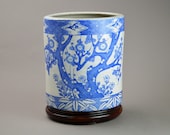 Imari Antique Jardiniere Vase. Big Japanese Blue White Porcelain Planter Cover Hibachi Flower Pot