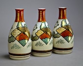 Set of 3 Antique Kutani Tokkuri Japanese Porcelain Vase Sake Flask (N15)