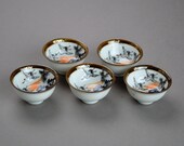 Antique Kutani Sake Cups Set of Five Japanese Sencha Cups