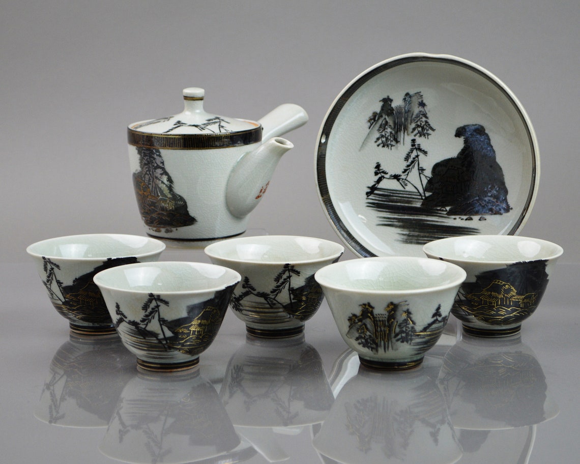 Black & Gold Kutani Ware Japanese Tea Set. Vintage Porcelain Etsy