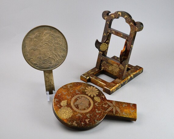 Japanese Hand Mirror With Lacquer Case And Stand Bronze Japanese Hand Mirror With Lacquer Case