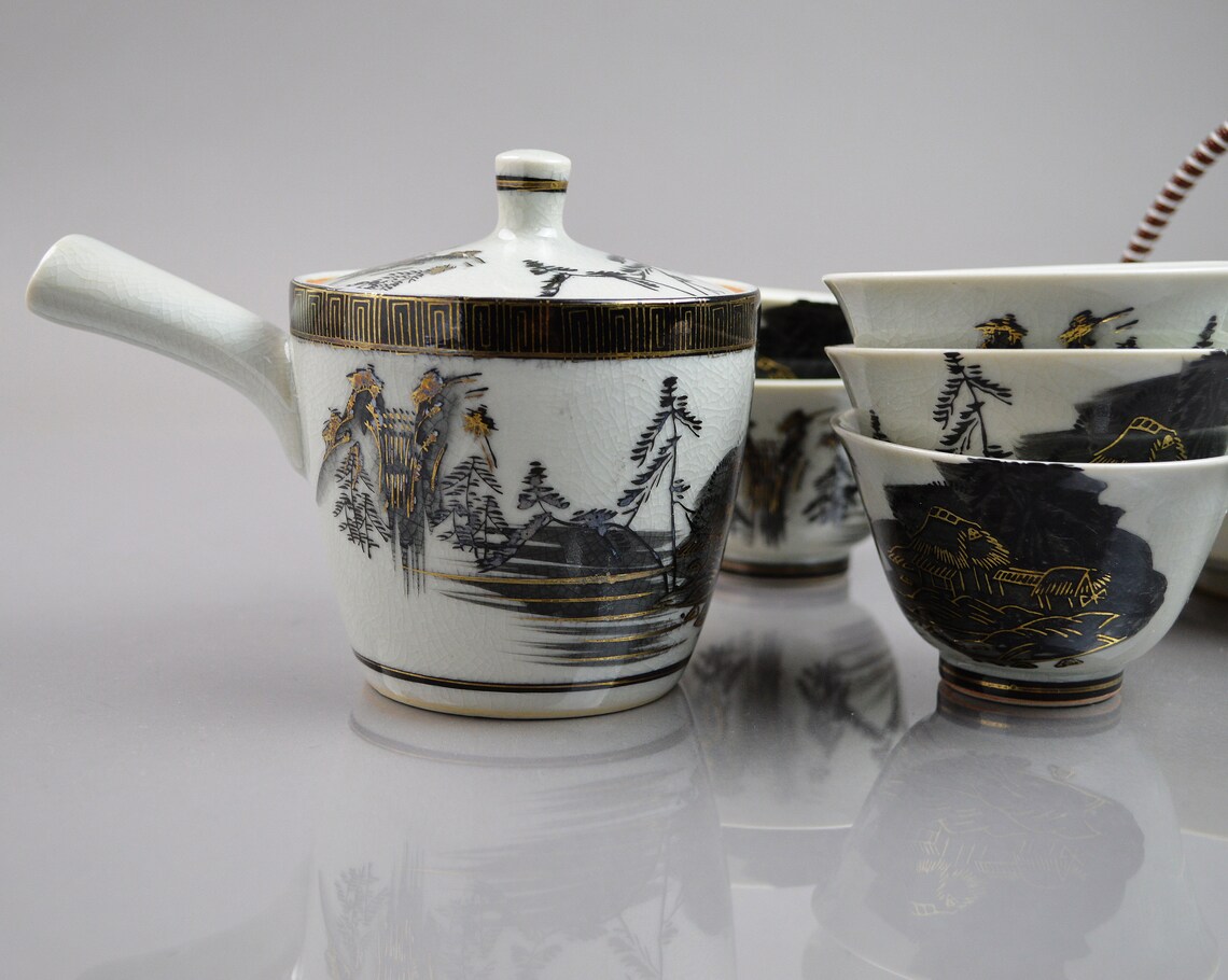 Black & Gold Kutani Ware Japanese Tea Set. Vintage Porcelain Etsy