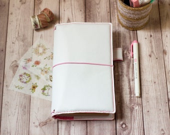 White and pink fauxdori, Vegan Midori Travelers notebook, Fauxdori cover, Midori cover regular, Planner cover, Vegan planner