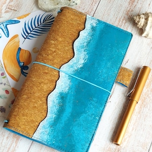 Cork Beach Fauxdori, Front pocket traveler notebook, Vegan Fauxdori cover, Travel journal TN, Refillable notebook cover