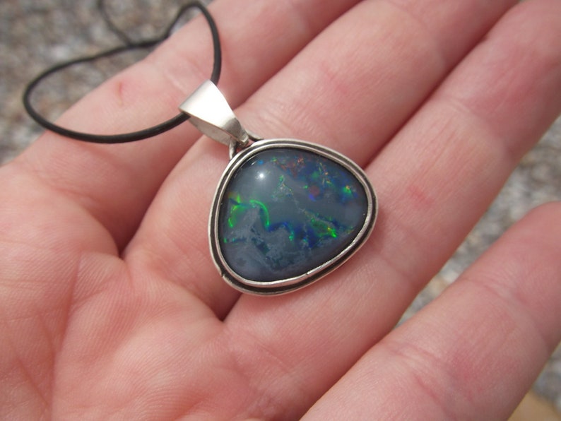 Blue Green Opal Pendant Sterling Silver Handmade Semi Precious Gemstone Jewel