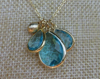 Meghan Markle Inspired 3 Aquamarine Teardrop Pendant Necklace Yellow Gold Silver Royal Gift Idea Duchess of Sussex